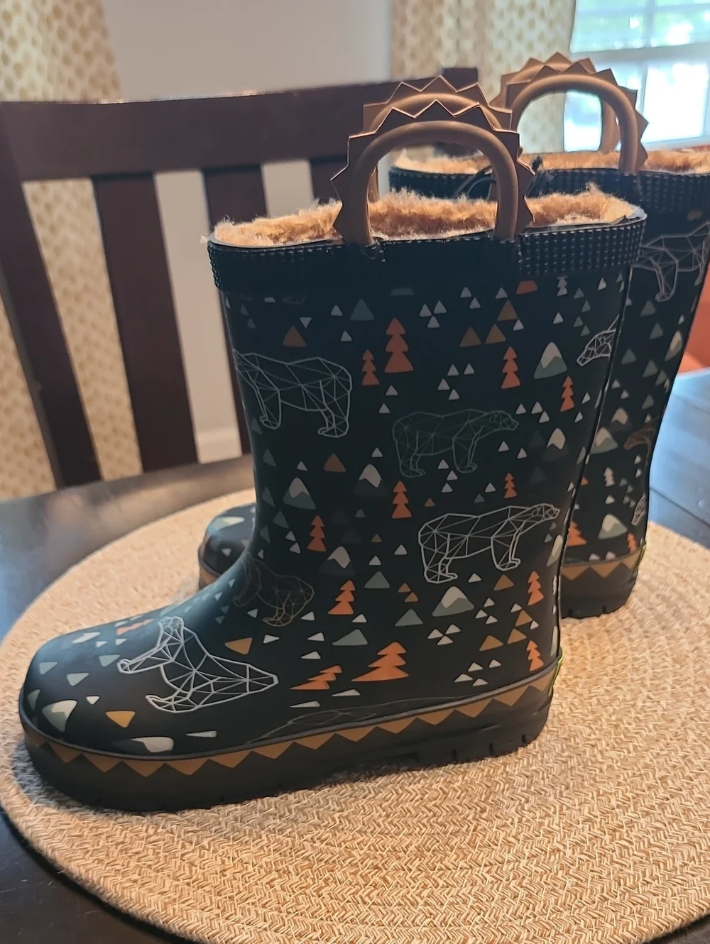 Western Chief NWT Grizzly Faux Fur Waterproof Rain Boots Black/Orange Size 13